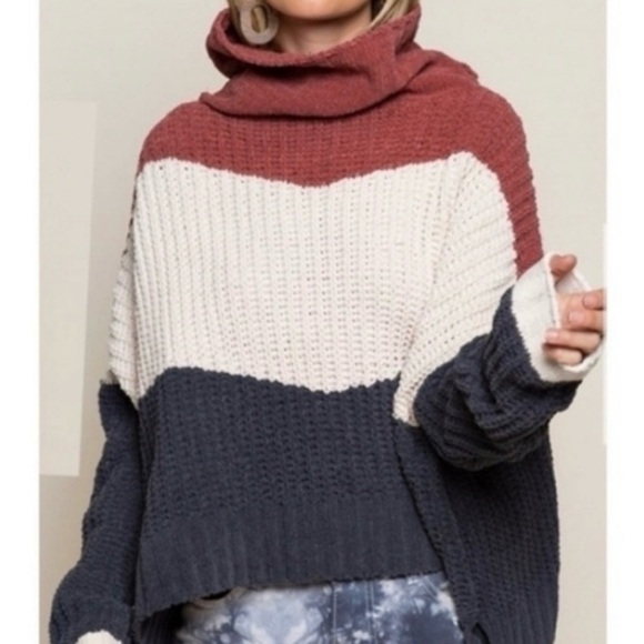 POL Oversized Chenille Chunky Knit Color Block Turtleneck Sweater Size Medium - Picture 2 of 10